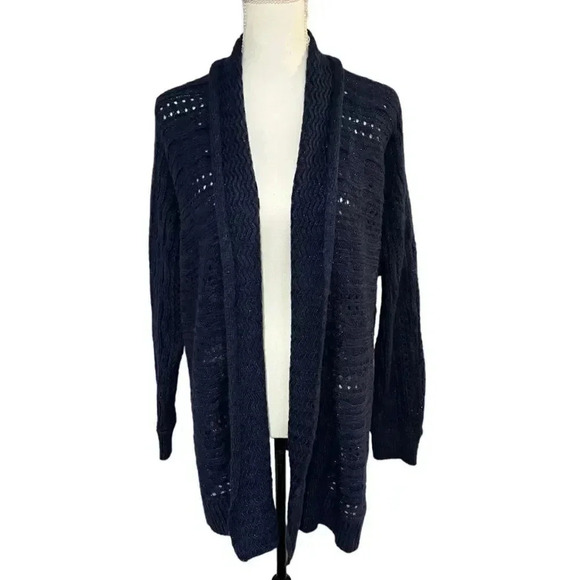 Chico’s size 3 open cardigan navy blue with a sparkle thread & ribbed cuffs EUC - Picture 1 of 11